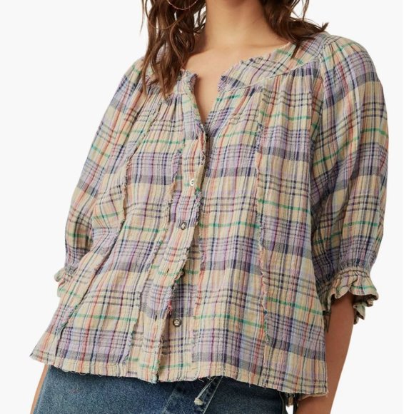 Free People Lucy Plaid Swing Shirt, Size Small - Picture 1 of 12